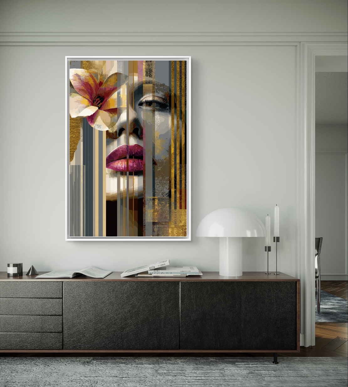 דיוקן נשי עם פרח וצבעי זהב – תמונת קנבס מודרנית יוקרתית | DX5114