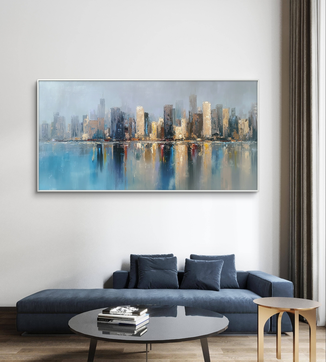 תמונת קנבס של קו רקיע מודרני המשתקף במים בגווני כחול וזהב, בהדפסה חלקה ללא תבליט.