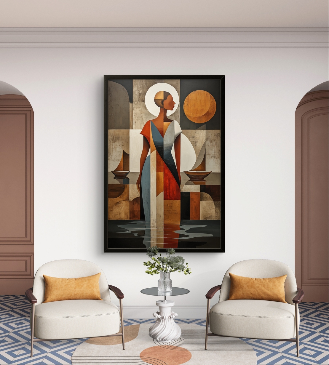 תמונת קנבס עם דמות נשית מופשטת בסגנון גאומטרי בגווני אדמה וכחול בעיצוב אלגנטי ומודרני