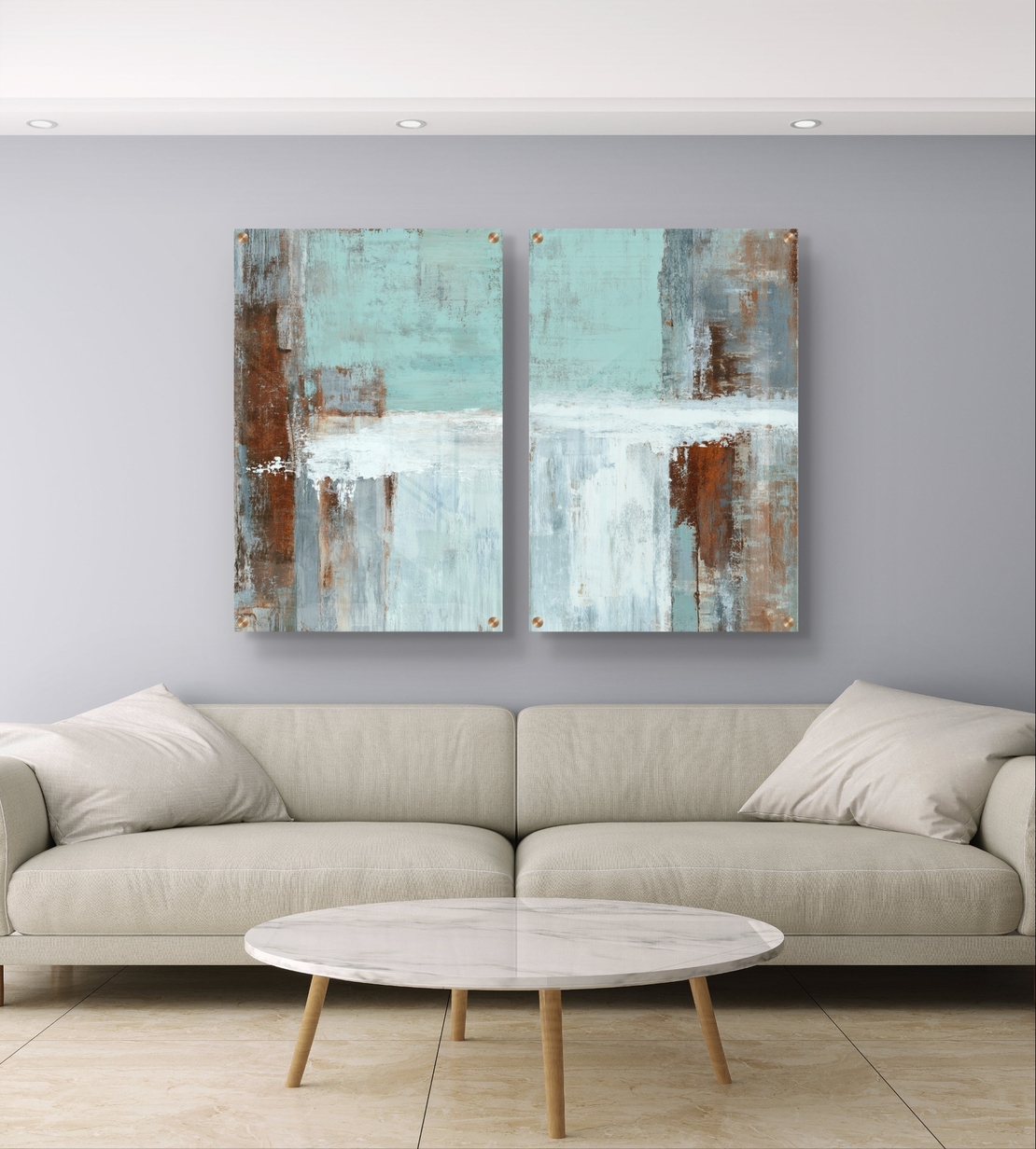 סט תמונות זכוכית זוגי בגווני טורקיז, לבן וחלודה בעיצוב אבסטרקטי – תכשיט לבית