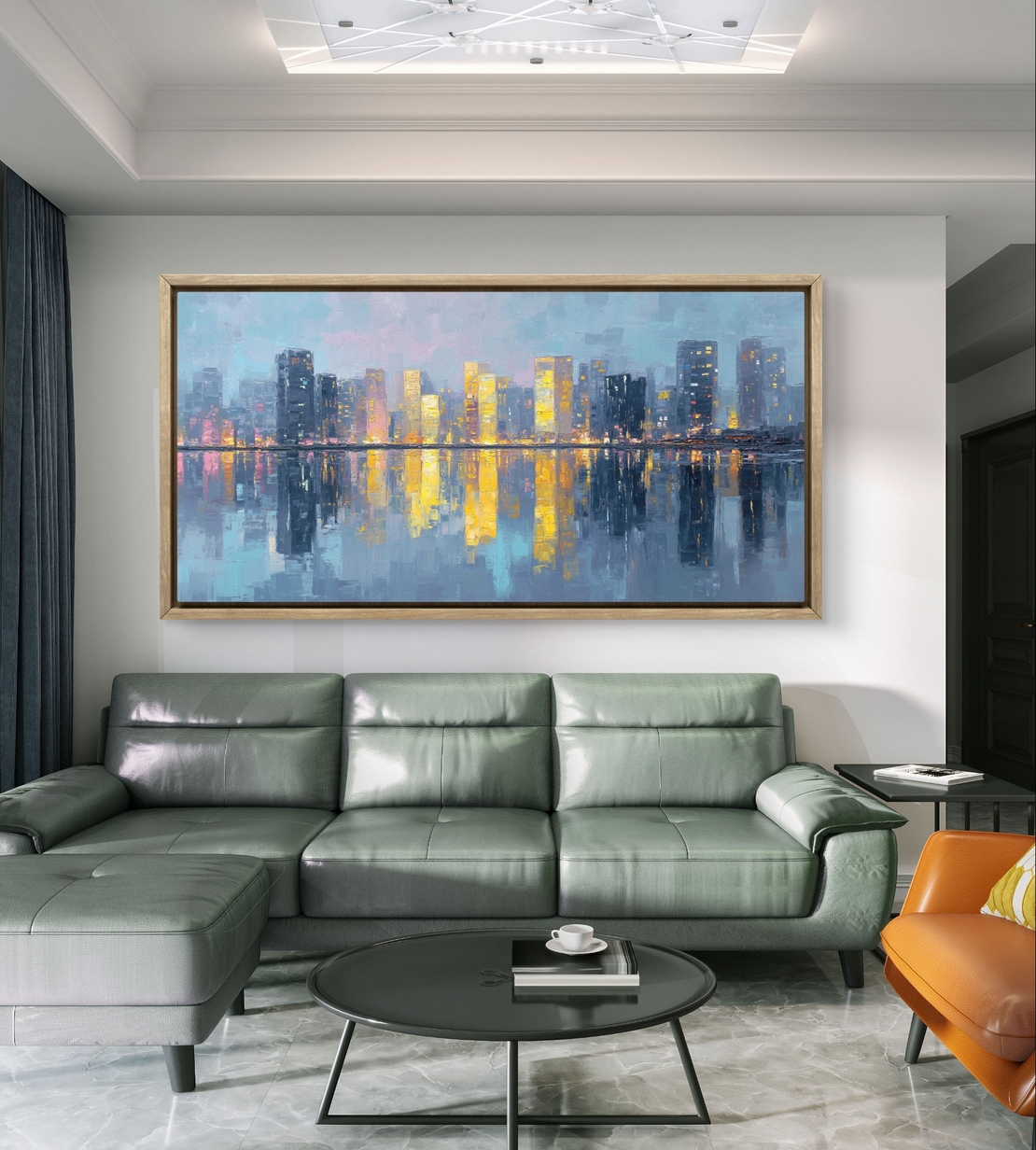 תמונת קיר אורבנית לסלון בגווני כחול, אפור וזהב