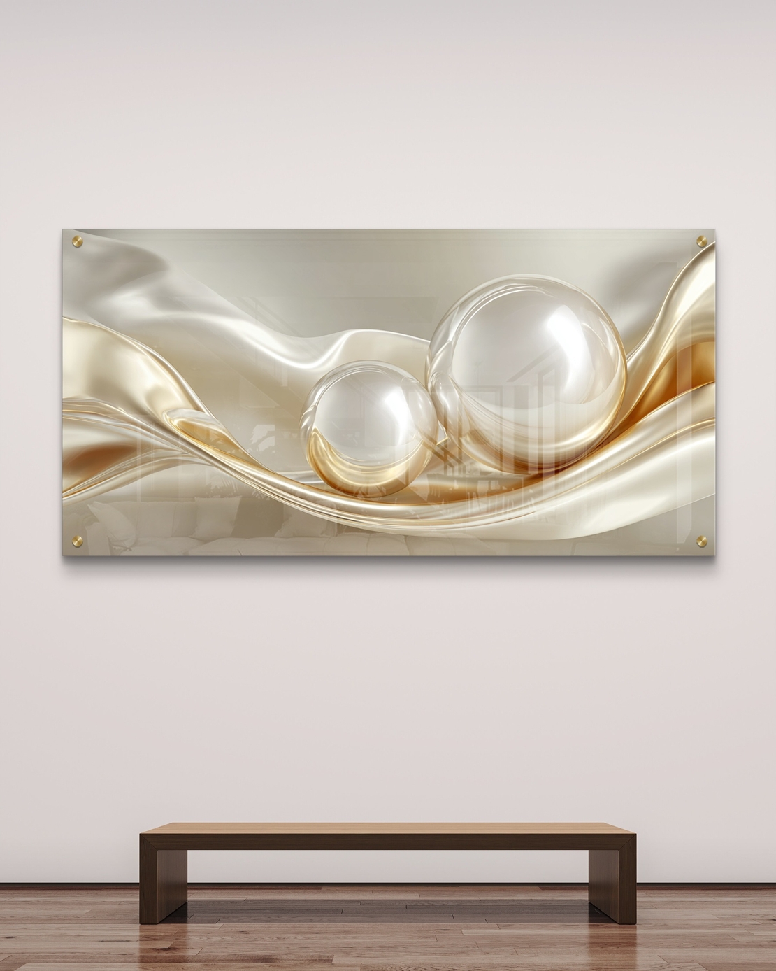 תמונת זכוכית לרוחב עם גלים מבריקים בגווני שמנת וזהב ושתי בועות זכוכית בעיצוב יוקרתי ומודרני
