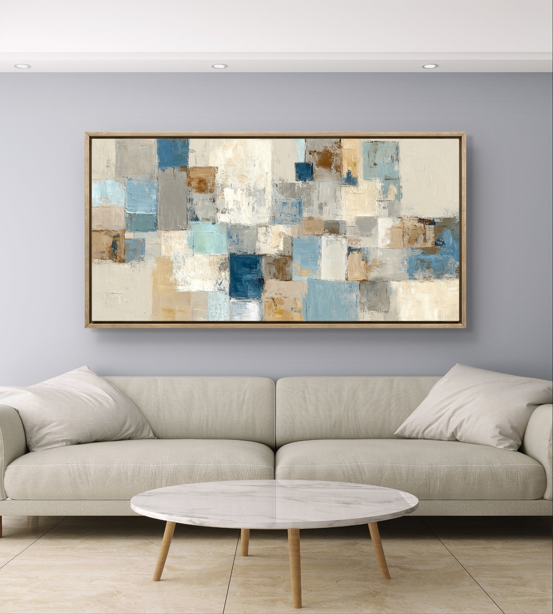 תמונת קנבס אבסטרקטית בגווני תכלת, בז' ואפור – תכשיט לבית