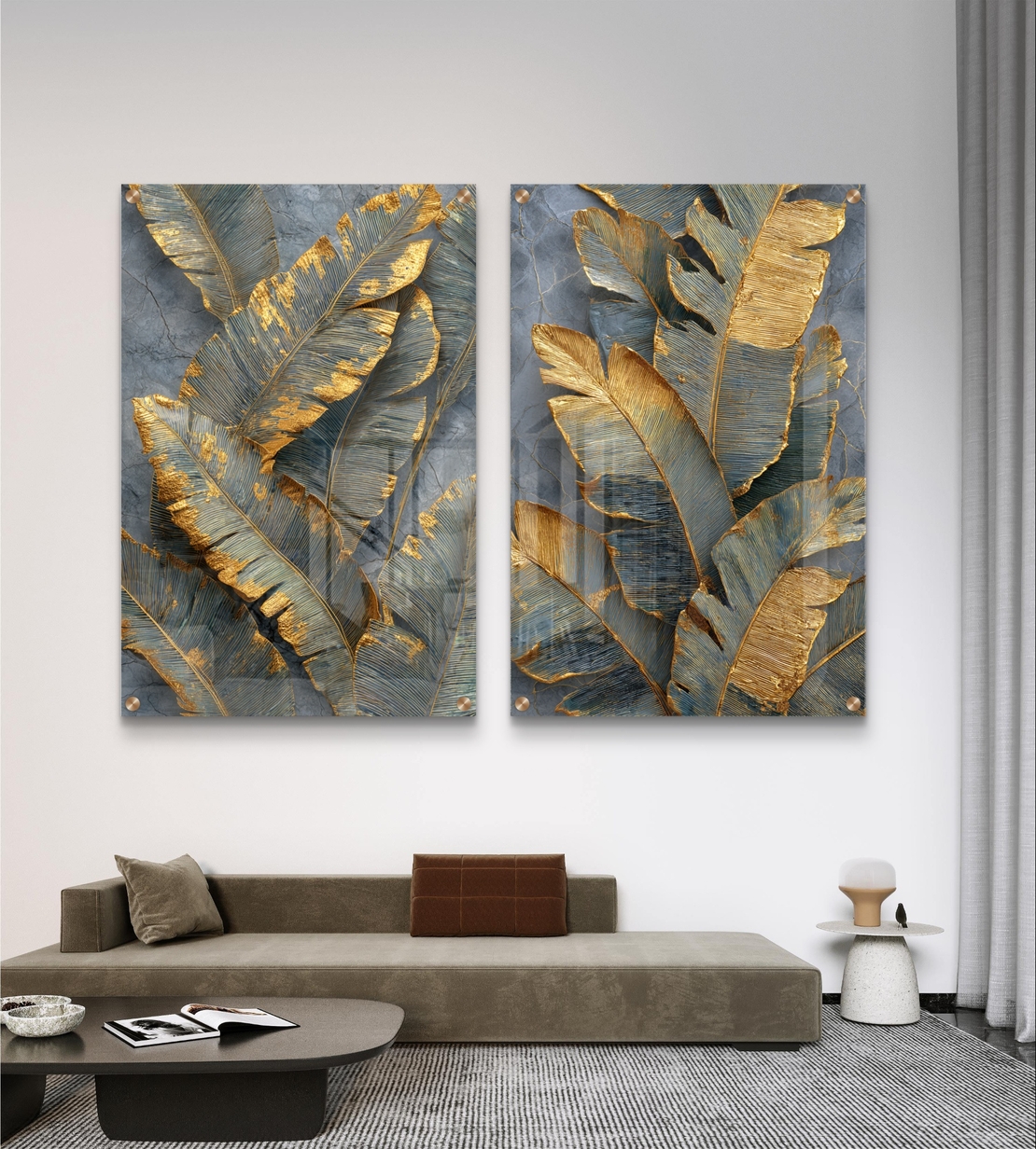 תמונת זכוכית זוגית עם עלים בגווני אפור וזהב בהדפסה חלקה יוקרתית
