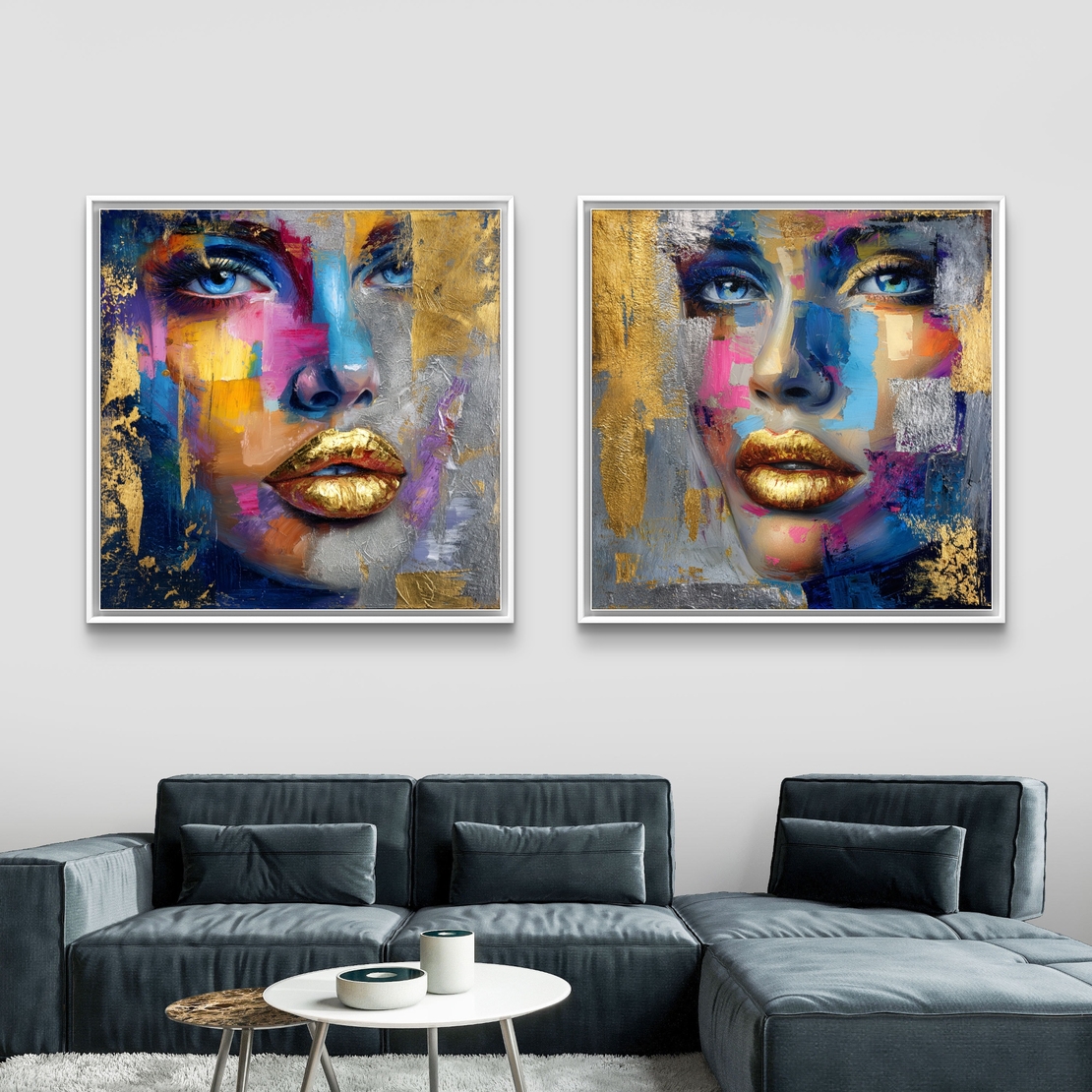 זוג תמונות קנבס מרובעות של דיוקן נשי צבעוני עם שפתיים מוזהבות, בהדפסה חלקה לעיצוב קיר מודרני ויוקרתי.