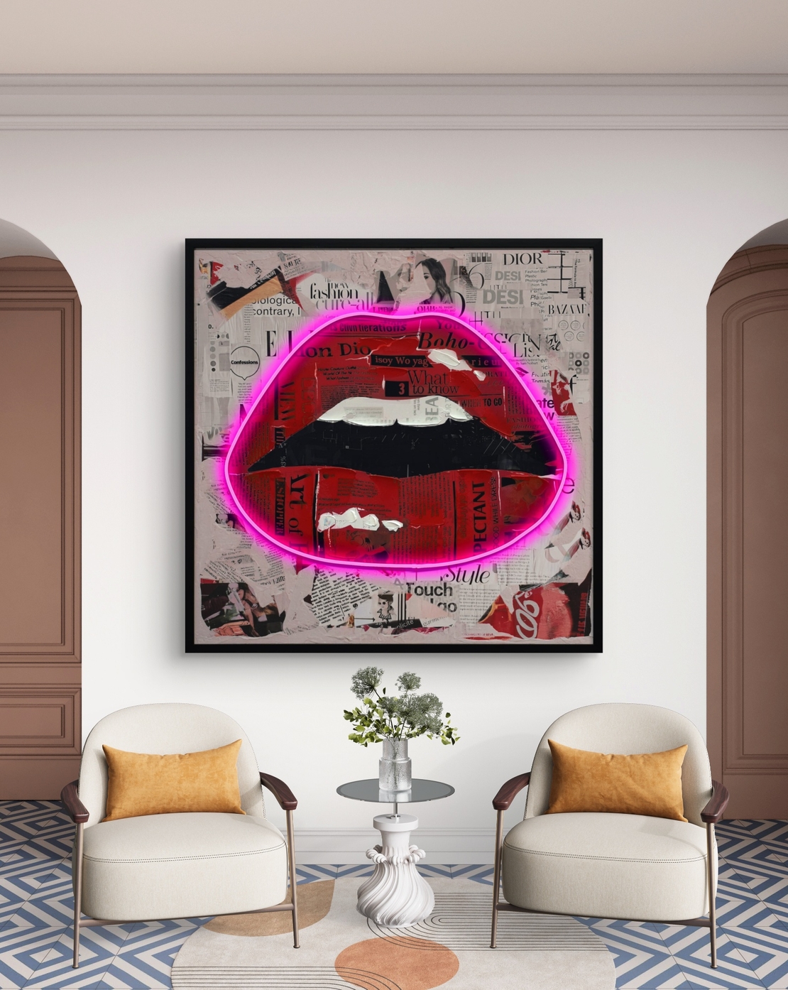 תמונת שפתיים ניאון ורוד – אמנות LED על סוללות עם שלט רחוק--מידה 83*83 ס