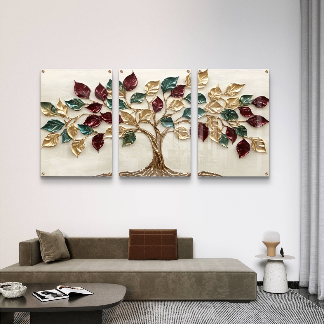 תמונת זכוכית שלישייה עם עץ חיים ועלים בגווני זהב, ירוק ובורדו בעיצוב יוקרתי לבית