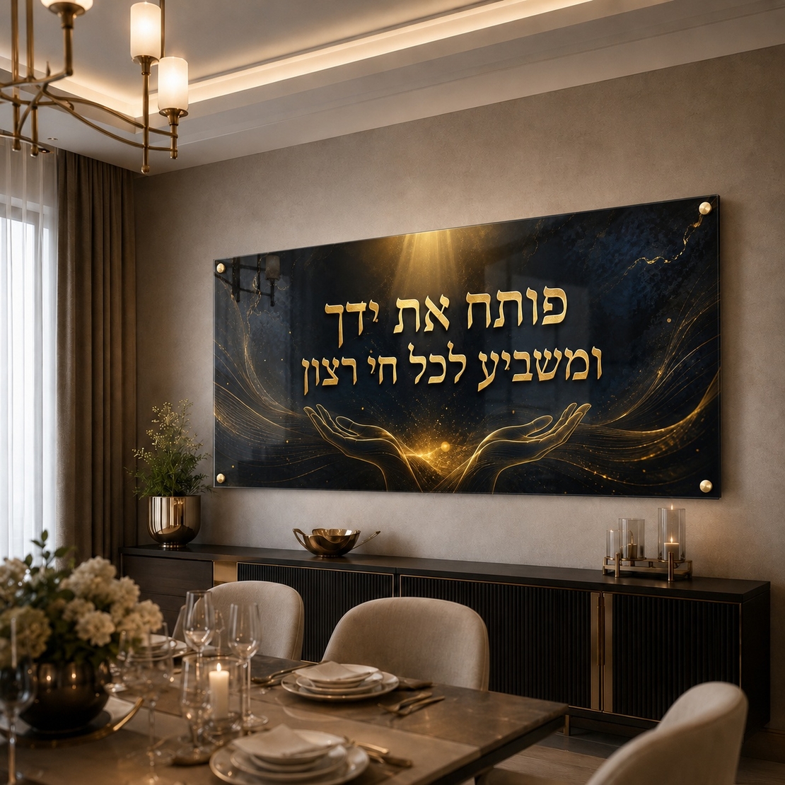 אור השפע שחור זהב – תמונת זכוכית לרוחב פותח את ידך לסלון | RG4063
