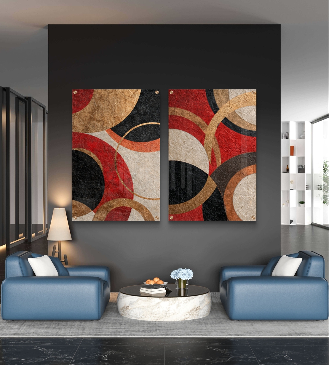 סט תמונות זכוכית זוגי בגווני זהב, אדום, שחור ובז' בעיצוב מעגלי מודרני – תכשיט לבית