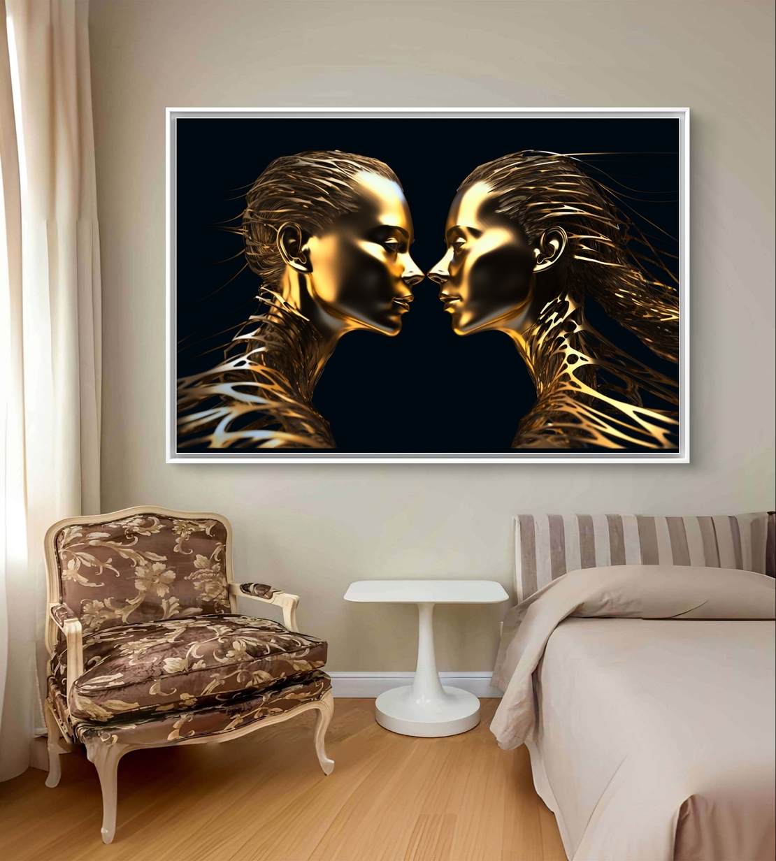 תמונת קנבס לרוחב עם שתי דמויות זהובות סימטריות על רקע שחור בעיצוב מודרני ויוקרתי