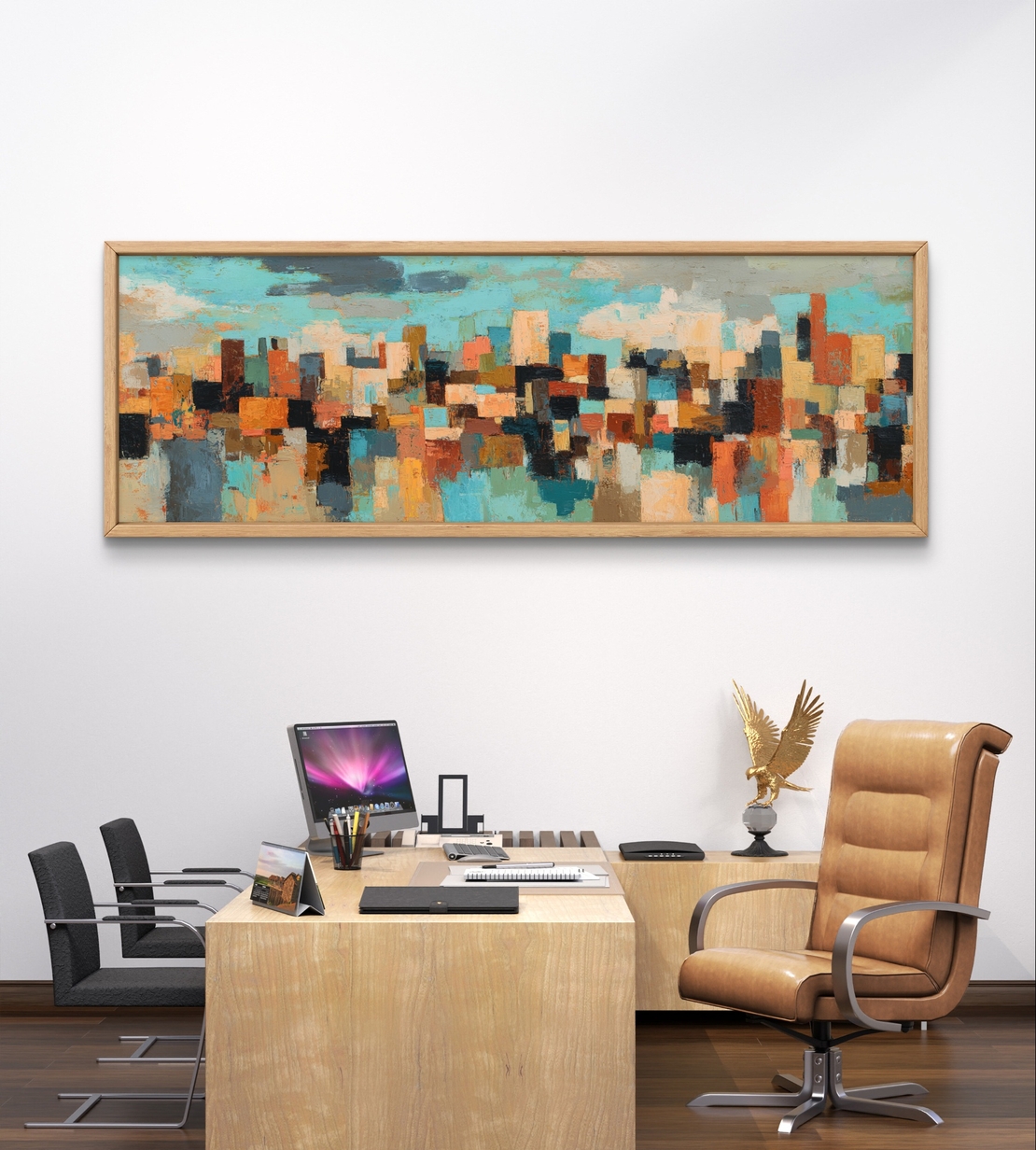 מטרופולין צבעוני – תמונת קנבס פנורמית אבסטרקטית בקו עירוני בגווני טורקיז, חמרה ושחור | CT4671