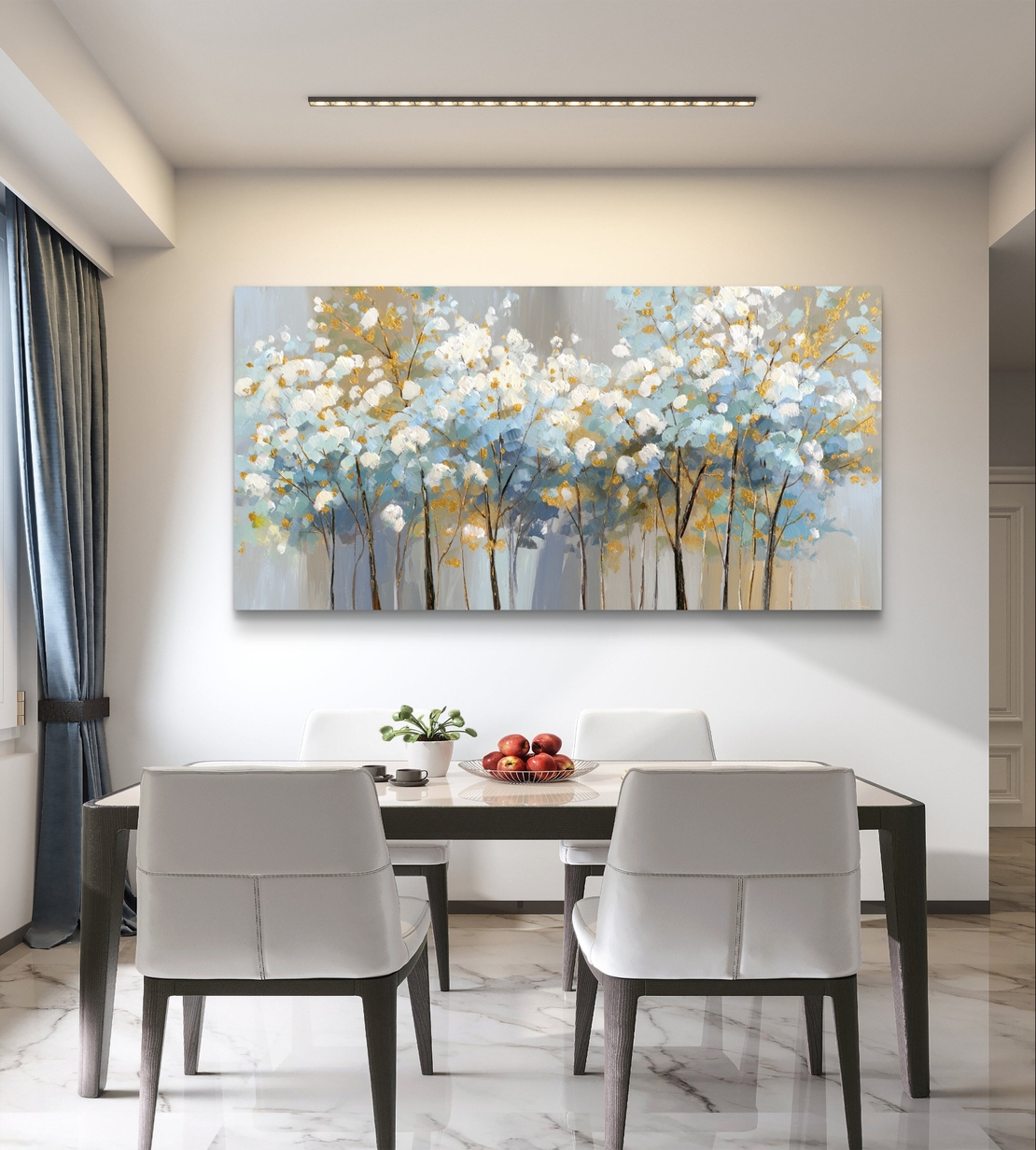 קנבס מודרני מעל ספה – ציור עצים אבסטרקטי בגווני תכלת עם זהב עדין