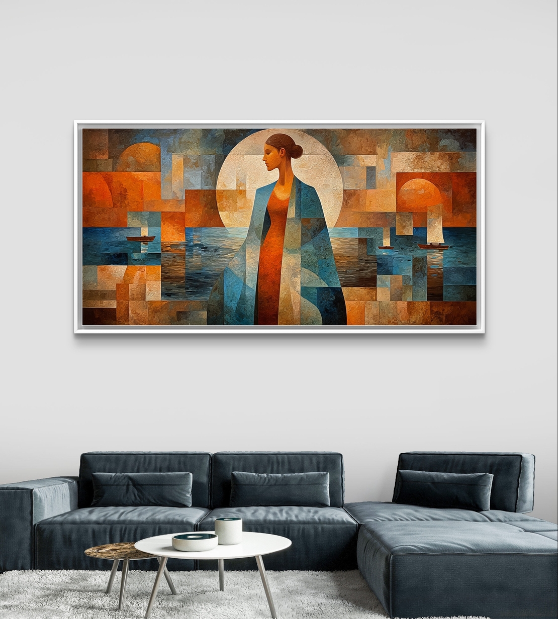 תמונת קנבס לרוחב עם דמות נשית אבסטרקטית בגווני כחול וכתום בעיצוב אומנותי מודרני לסלון