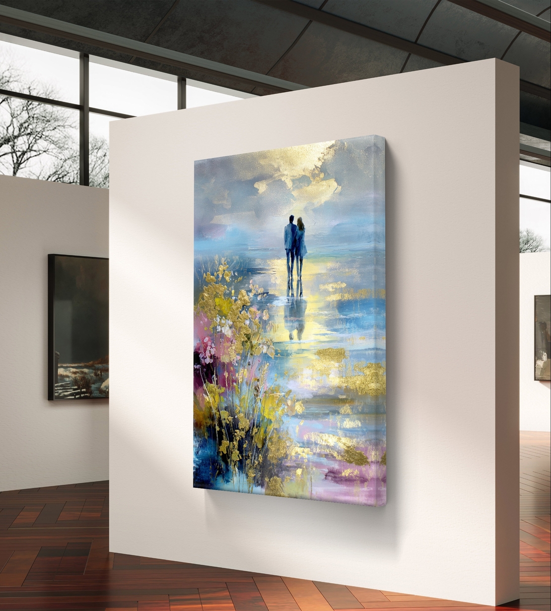 תמונת קנבס אומנותית של זוג עומד מול מים ושמיים בגוונים כחולים וזהב עם מראה ציורי ועדין