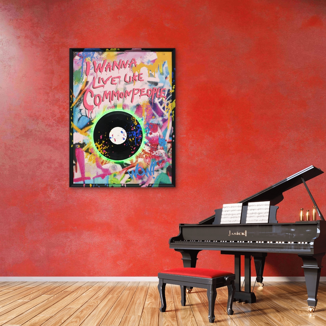 תמונת LED תקליט גרפיטי עם משפט השראה – הדפס משודרג עם מריחות צבע, מופעלת על סוללות עם שלט רחוק מידה 63*83 ס