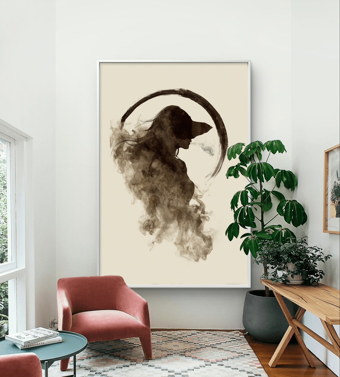 תמונת קנבס עם דמות נשית מופשטת בעשן רך ובסגנון מינימליסטי בגוונים טבעיים