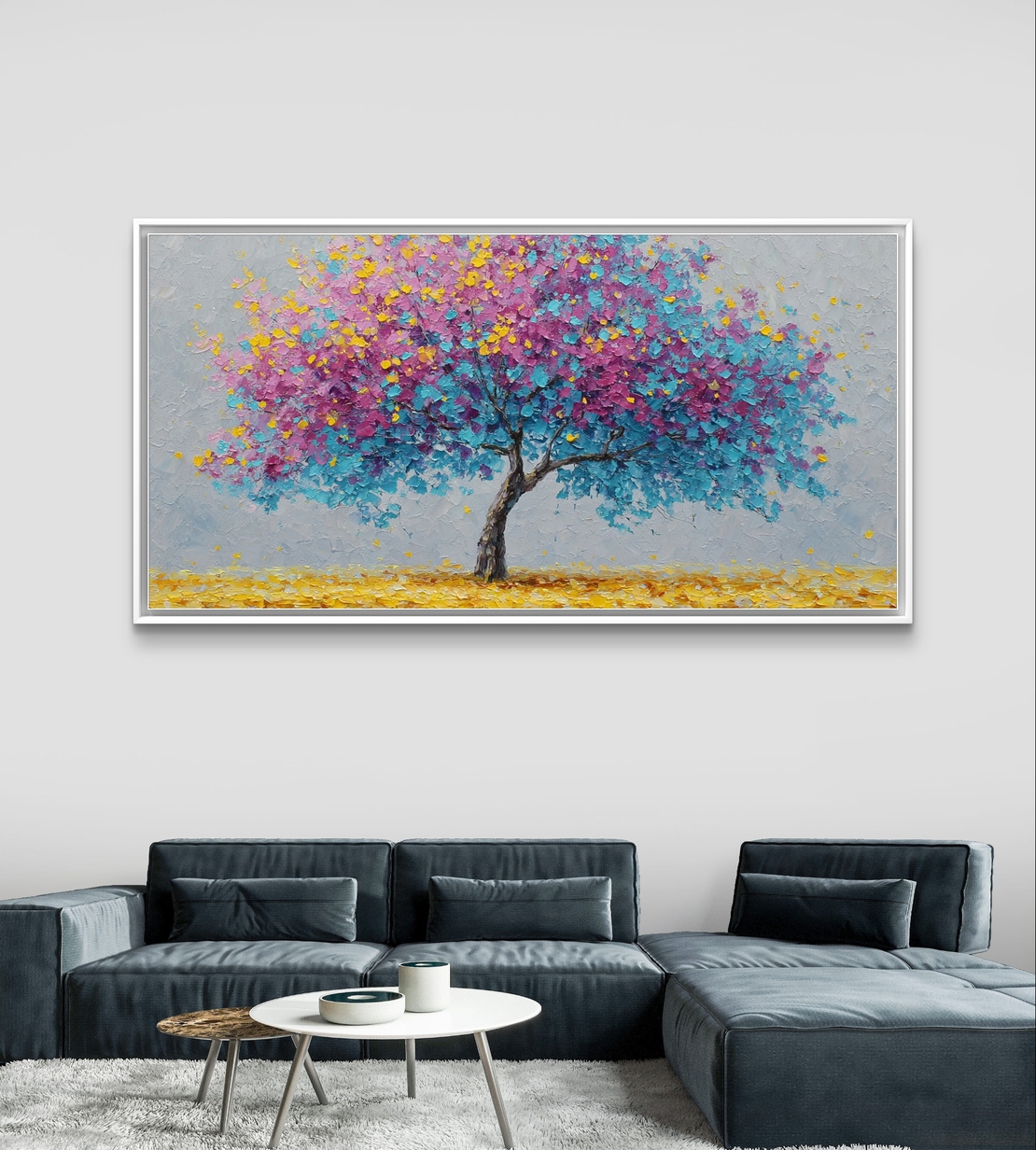 תמונת קנבס לרוחב של עץ פורח בצבעי ורוד ותכלת בסגנון אומנותי לעיצוב הבית