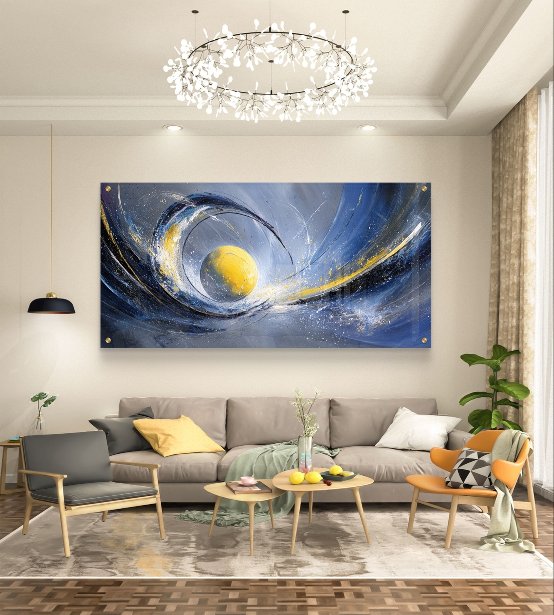 תמונת זכוכית לרוחב אבסטרקטית בגווני כחול וזהב עם ליבה זוהרת לעיצוב סלון מודרני