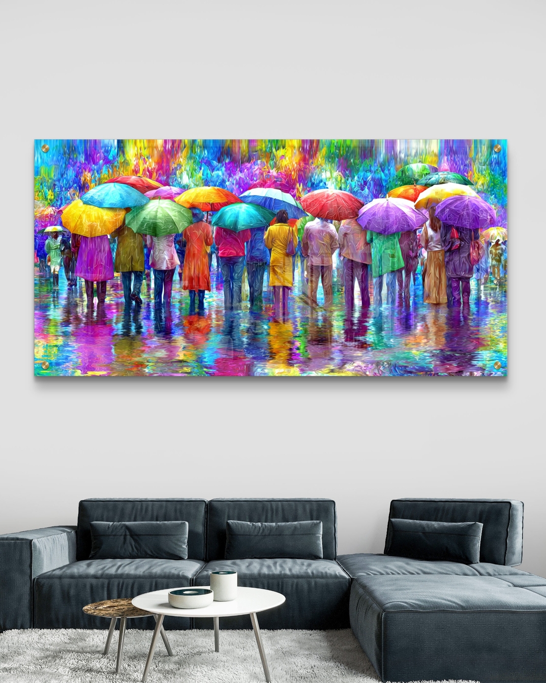 תמונת זכוכית לרוחב עם אנשים תחת מטריות צבעוניות המשתקפים במים – תכשיט לבית