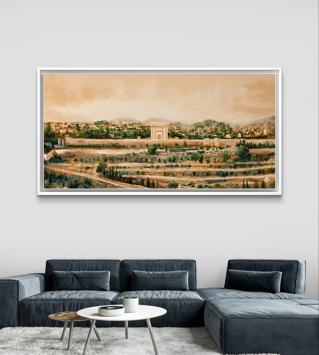 תמונת קנבס לרוחב עם נוף ירושלים ושער סמלי בגווני זהב וטבע, הדפסה חלקה מבית תכשיט לבית