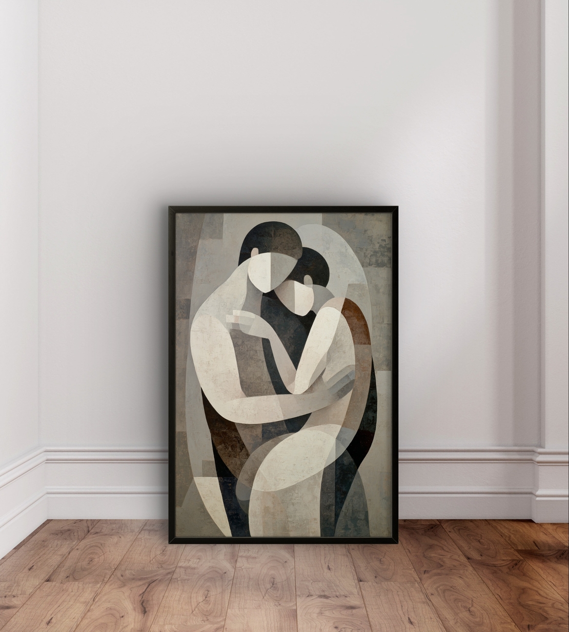 תמונת קנבס עם זוג דמויות מופשטות בחיבוק עדין בגווני שמנת, אפור וחום בעיצוב רגוע ואלגנטי