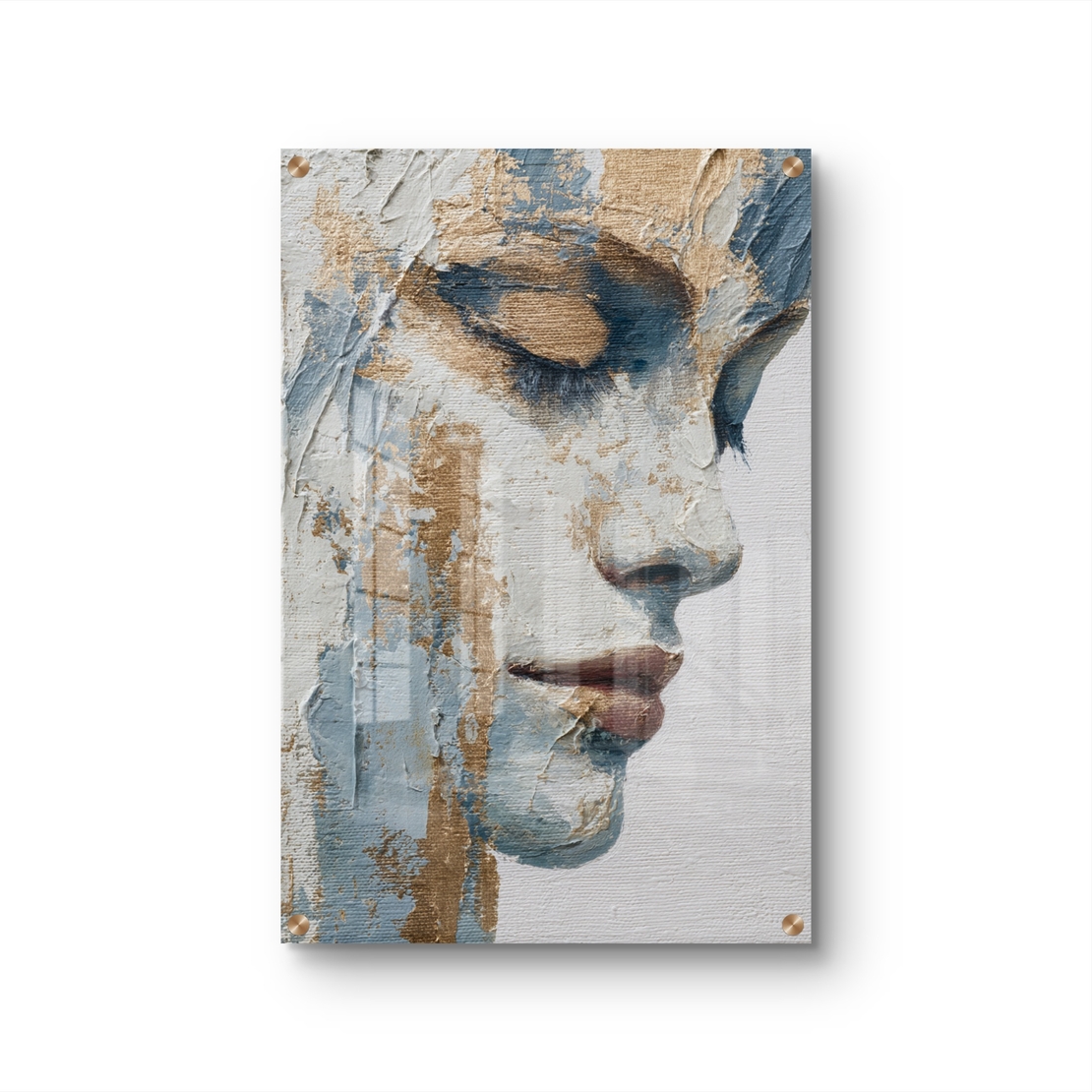 תמונת זכוכית פורטרט נשי בגווני תכלת ובז' עם הדפסה חלקה ללא תבליט – תכשיט לבית