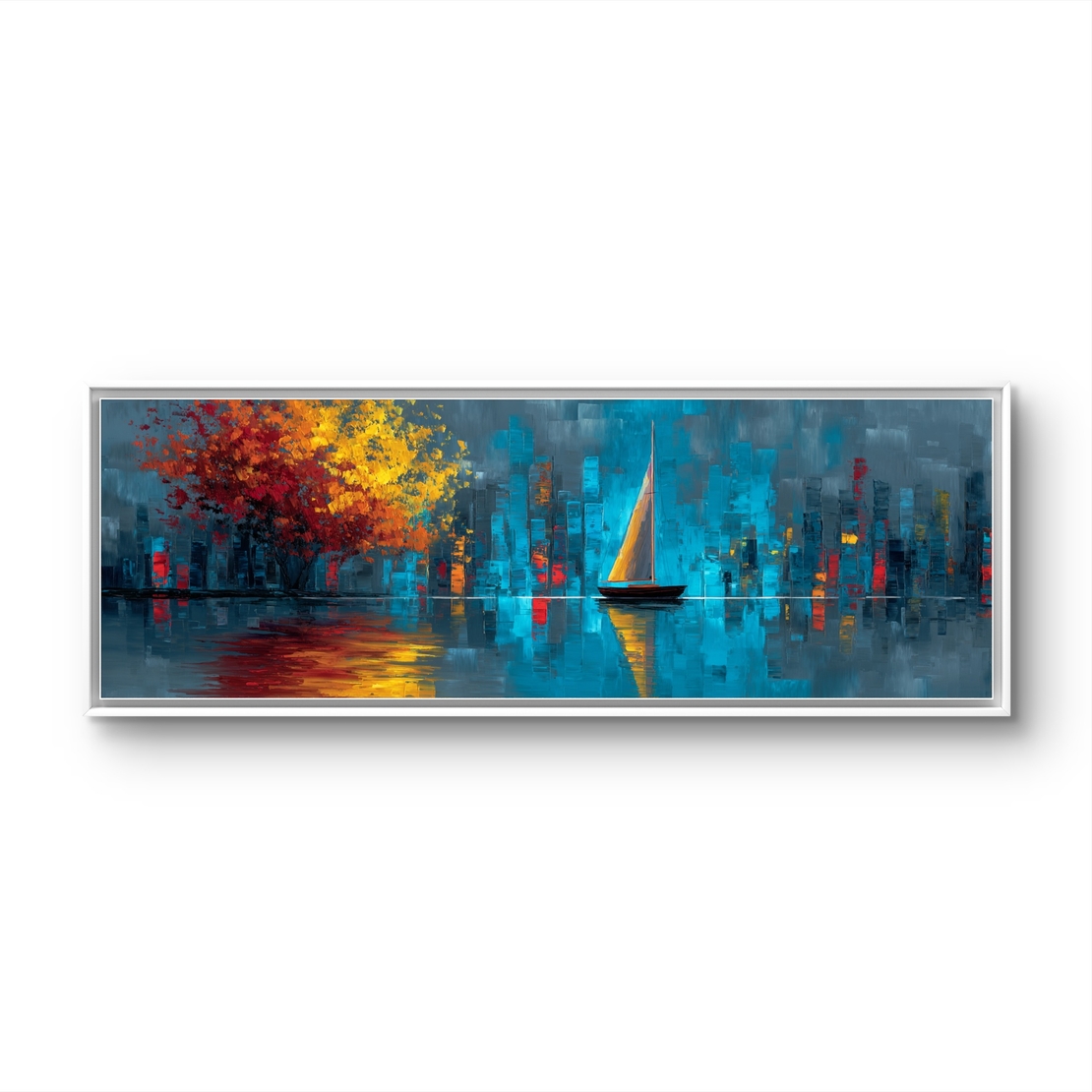 תמונת קנבס פנורמית של עיר כחולה עם עץ שלכת וסירה עם מפרש זהוב.