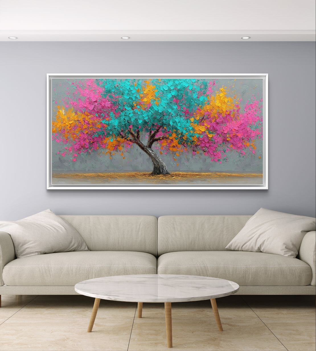 תמונת קנבס לרוחב של עץ צבעוני בגווני טורקיז, ורוד וכתום בעיצוב אומנותי מלא חיים