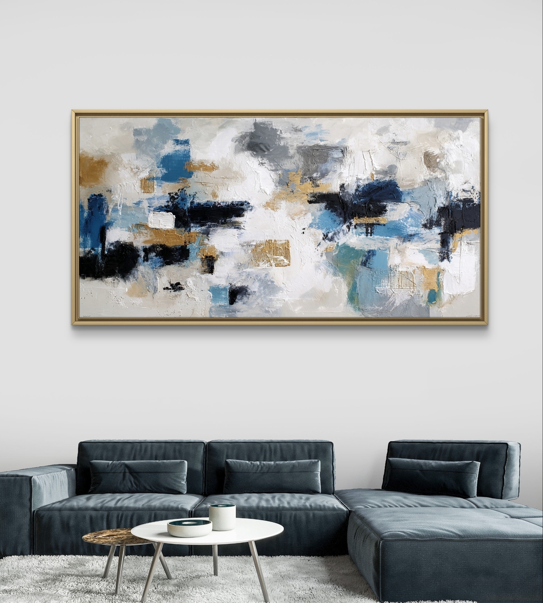תמונת קנבס אבסטרקטית בגווני כחול, לבן, אפור וזהב עם טקסטורה מודרנית