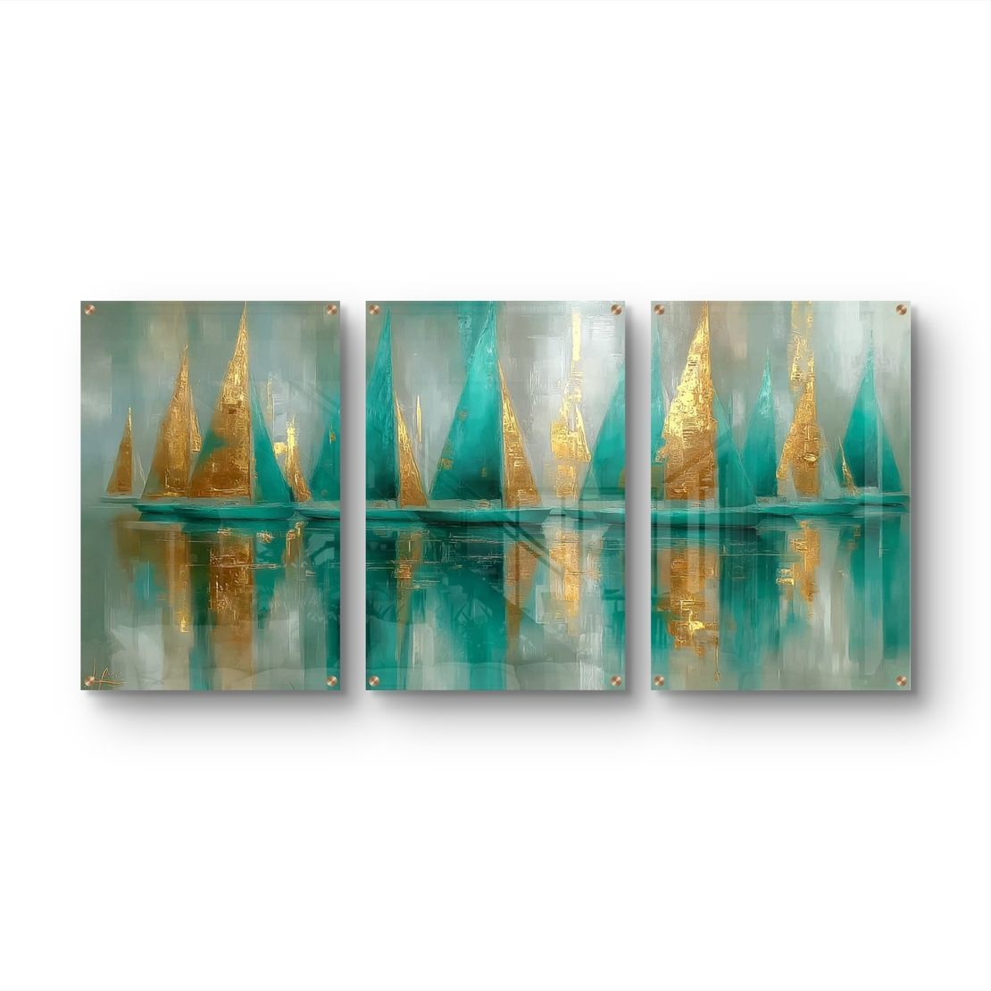 תמונת זכוכית שלשה עם מפרשים מופשטים בגווני טורקיז וזהב – תכשיט לבית