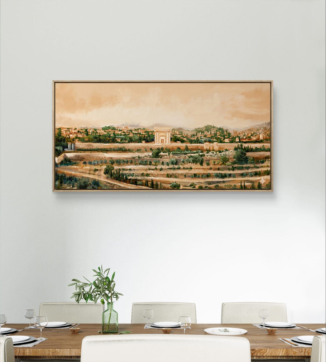 תמונת קנבס לרוחב עם נוף ירושלים ושער סמלי בגווני זהב וטבע, הדפסה חלקה מבית תכשיט לבית