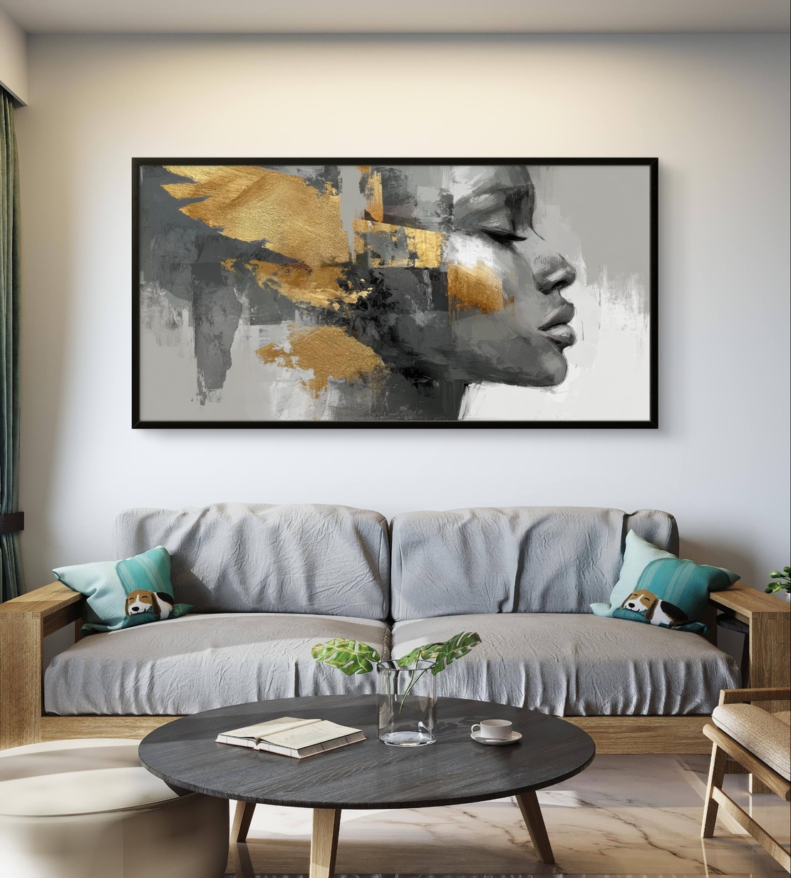 תמונת קנבס לסלון – דיוקן נשי אבסטרקטי בזהב ואפור | דגם TS5941