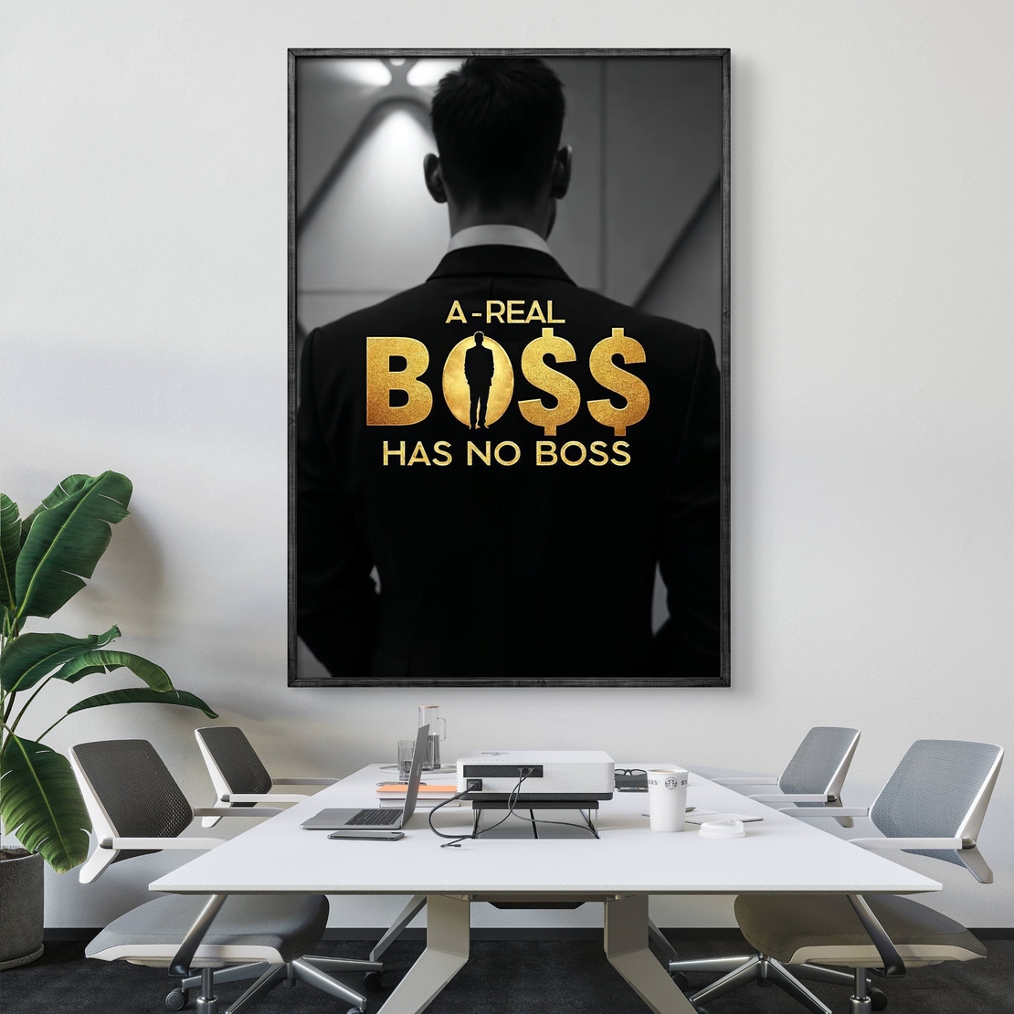 תמונת קנבס עם הכיתוב “A Real Boss Has No Boss” בזהב ודמות גבר בחליפה – תמונת מוטיבציה יוקרתית