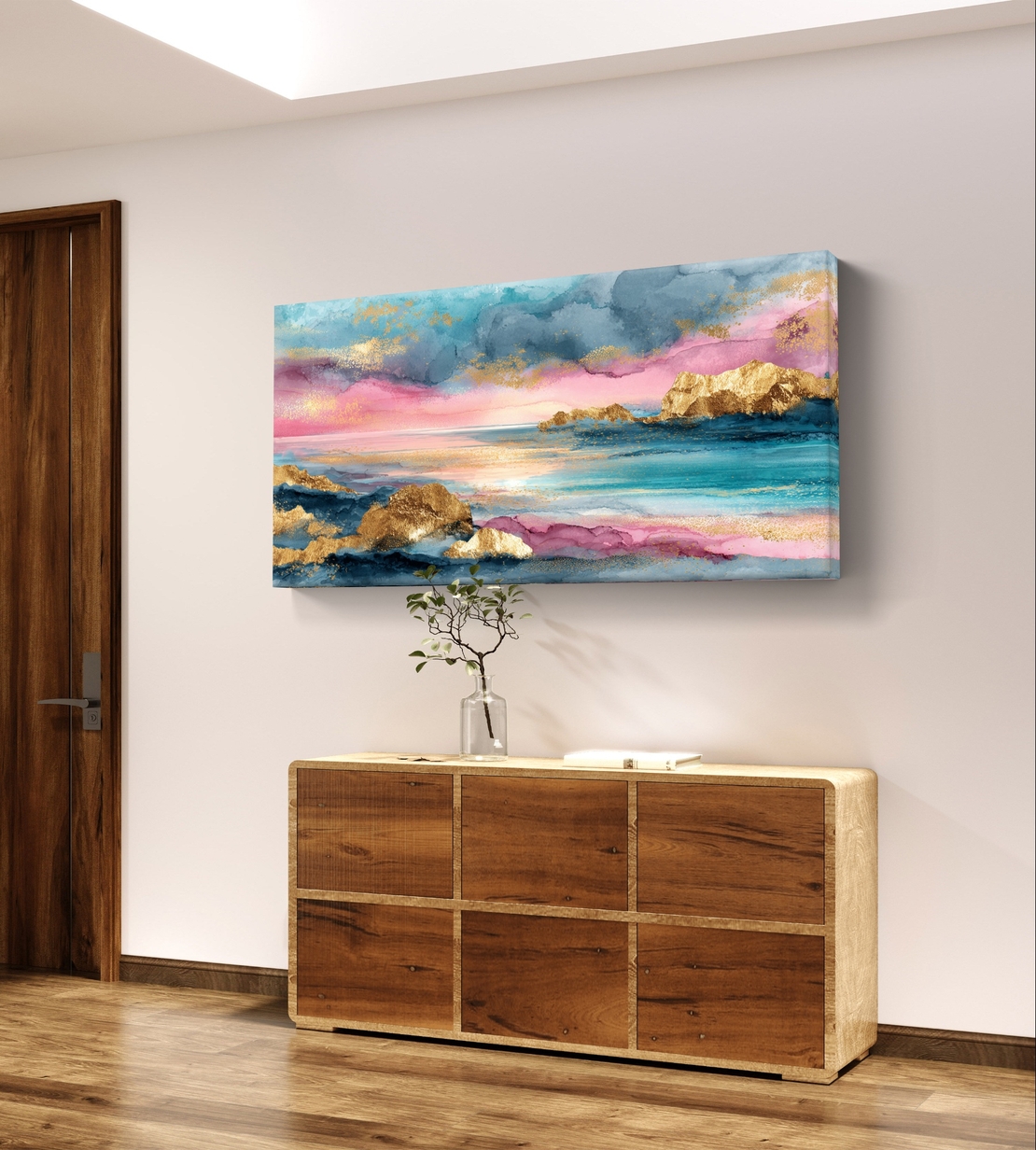 תמונת קנבס אקוורל נוף ים ורוד וטורקיז עם זהב – קנבס מודרני לרוחב--דגם CC4564