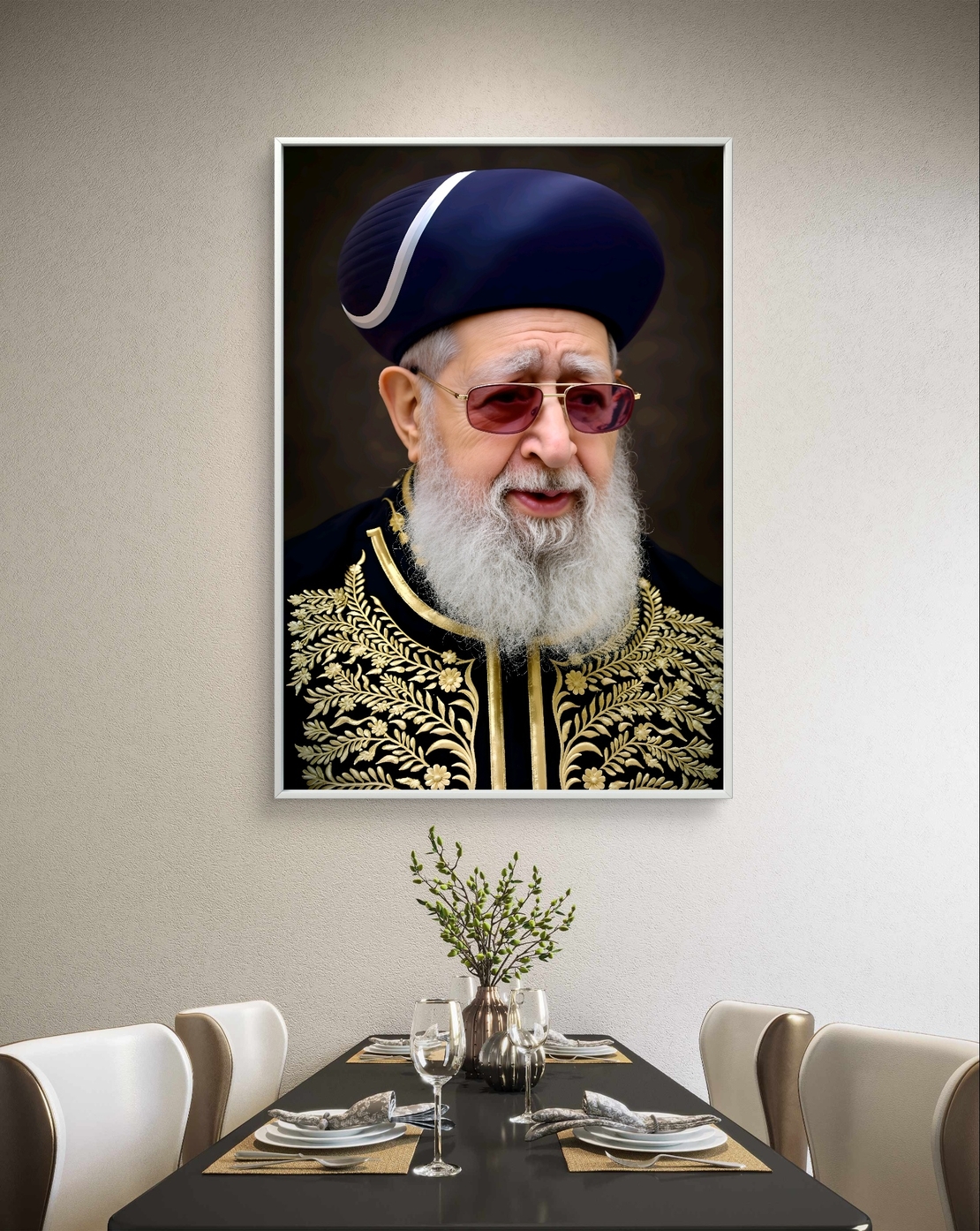 תמונת קנבס מרשימה של רב בלבוש מסורתי מעוטר ברקמות זהב, חובש כובע ייחודי וחובש משקפיים כהים – משדרת חוכמה והדר.