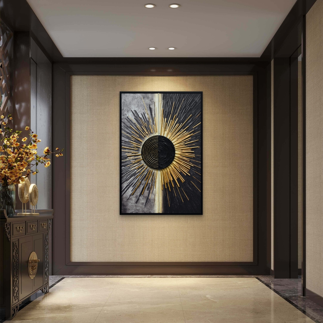 תמונת LED שמש אבסטרקטית שחור זהב – הדפס משודרג עם מריחות צבע, מופעלת על סוללות עם שלט רחוק - מידה 123*83 ס