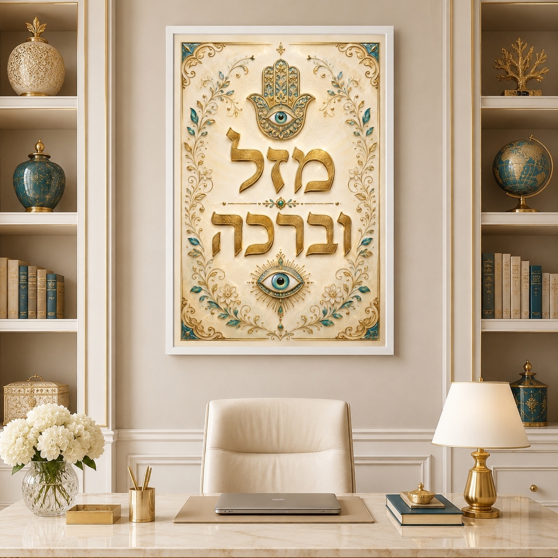 מזל וברכה – תמונת קנבס חמסה זהב וטורקיז לבית | RB452