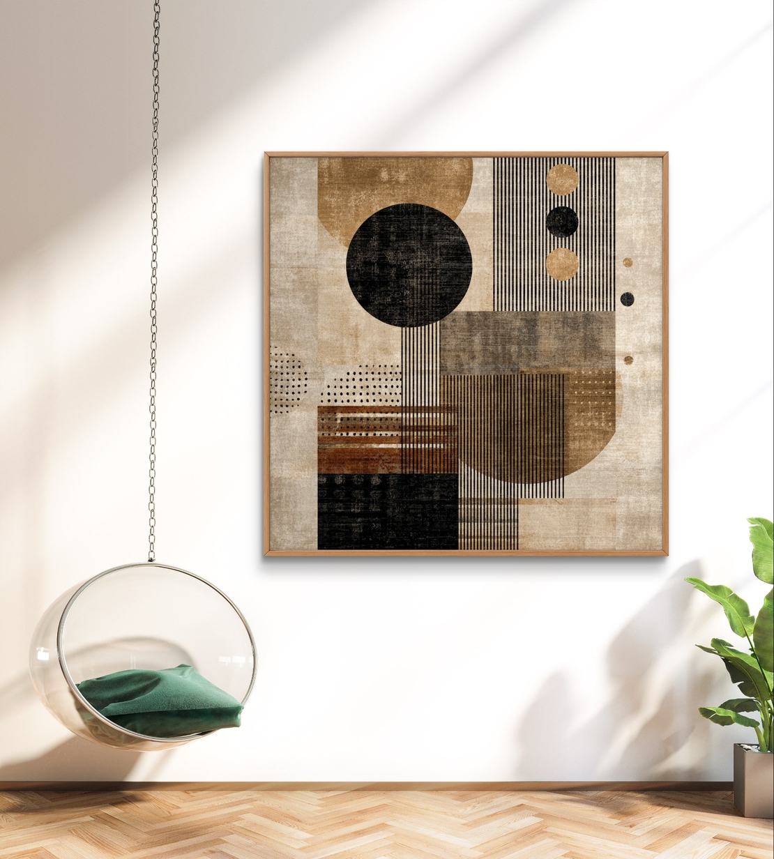 איזון גיאומטרי – תמונת קנבס גיאומטרית מודרנית בבז׳ ושחור | SQ3384