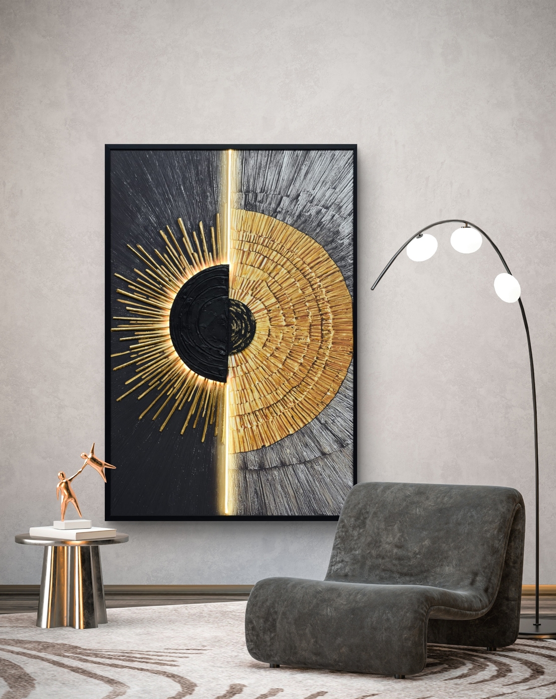 תמונת שמש אבסטרקטית שחור זהב מוארת עם שלט רחוק וסוללות – אמנות LED דגם LED1009-מידה 123*83 ס