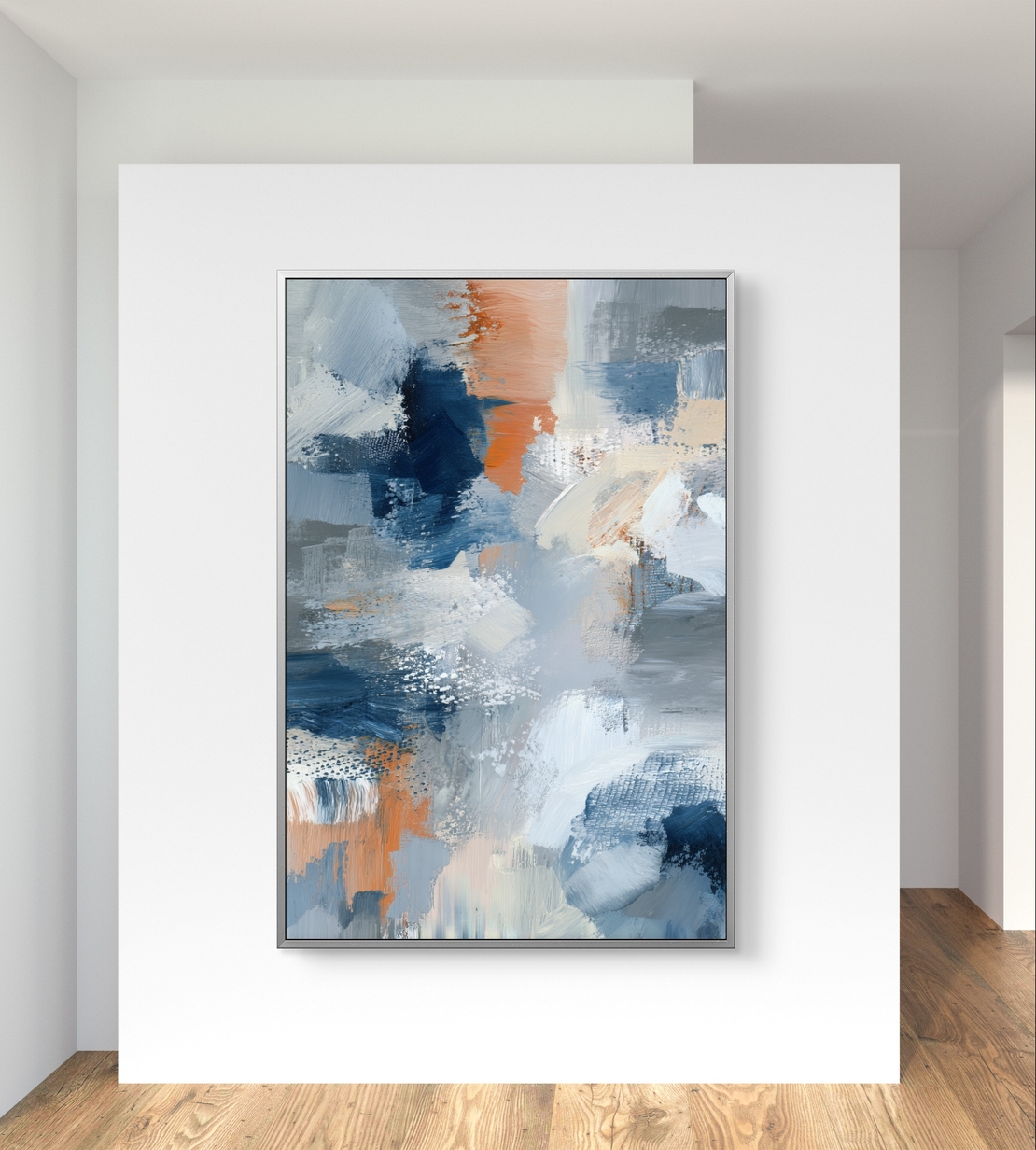 ערפל אפרסק – תמונת קנבס אבסטרקט אנכית בגווני כחול, אפור ואפרסק | MS1641