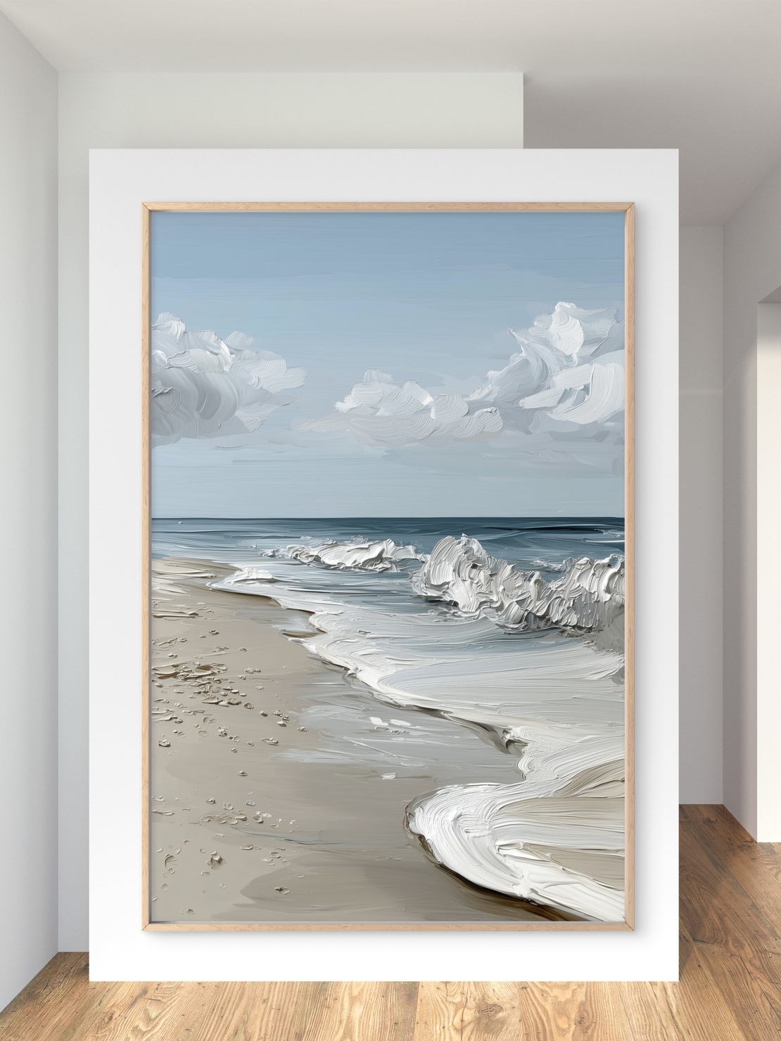 תמונת קנבס נשימת האוקיינוס – נוף ים רגוע עם גלים לבנים וחוף חול בהיר, בעיצוב יוקרתי מתוך קולקציית NEXTGEN BY BAR של תכשיט לבית.