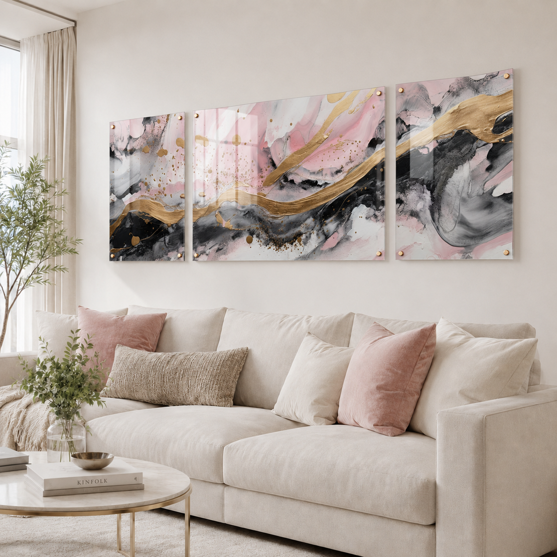 זרימת רוז גולד – סט 70 זכוכית אבסטרקטי בגווני ורוד, שחור וזהב לסלון – דגם SWG1551