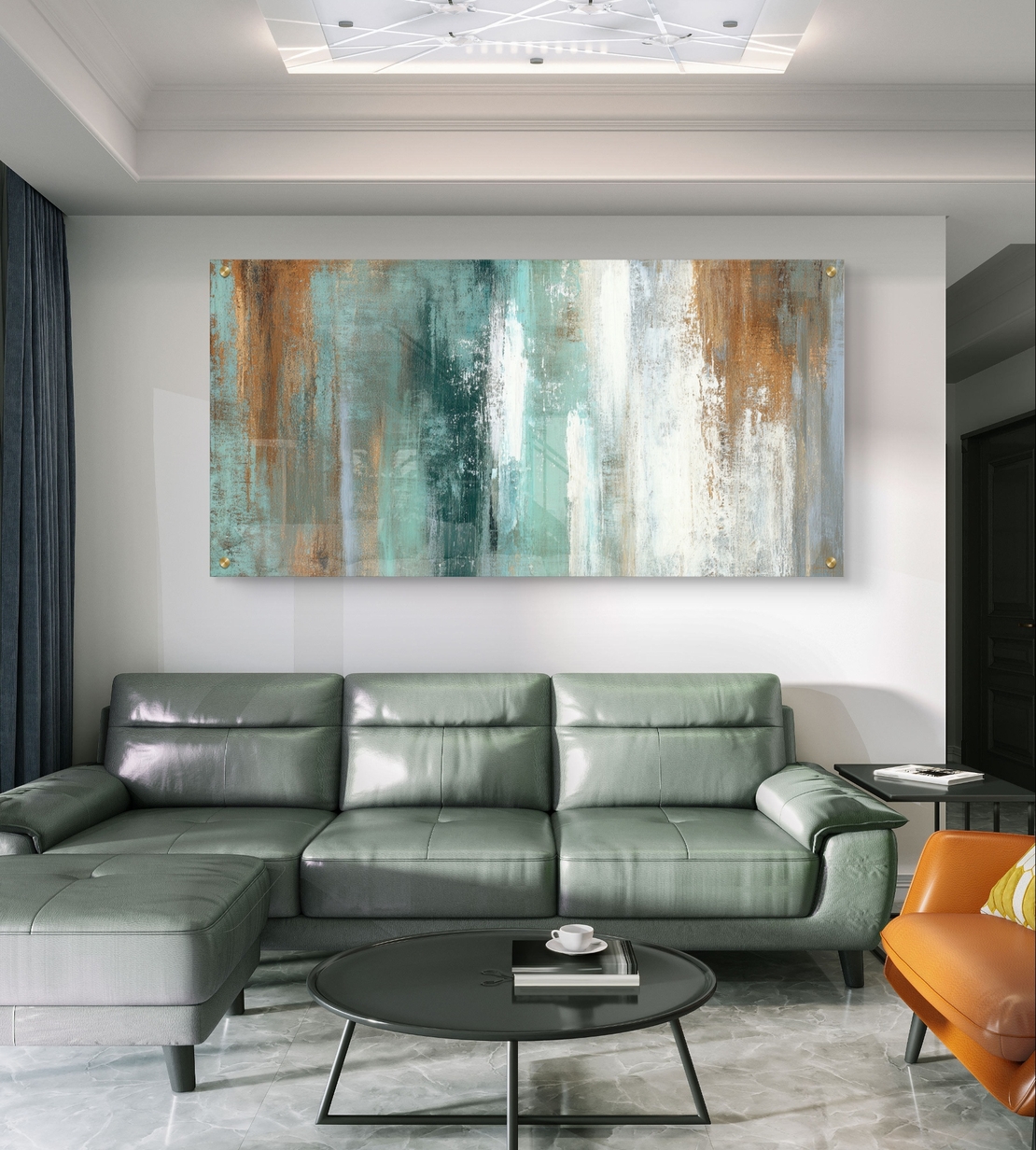 תמונת זכוכית לרוחב בעיצוב אבסטרקטי עם שכבות צבע אנכיות בגווני טורקיז, שמנת וחלודה, בהדפסה חלקה למראה מודרני ורגוע.