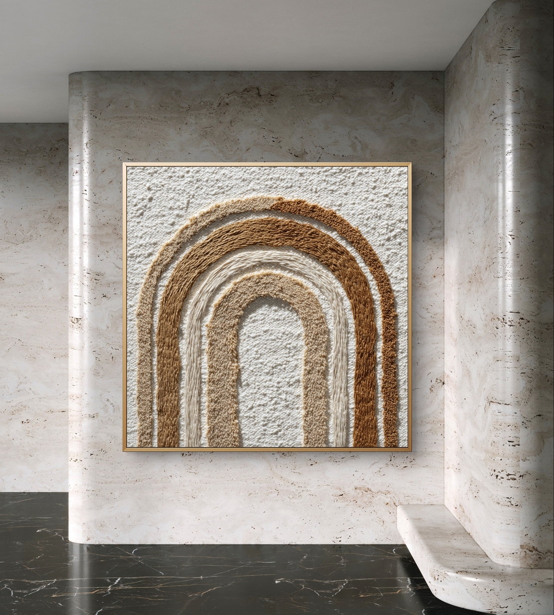 תמונת קנבס מרובעת עם קשתות אבסטרקטיות בגווני קרם, בז’ וחום, סגנון מינימליסטי, הדפסה חלקה ללא תבליט