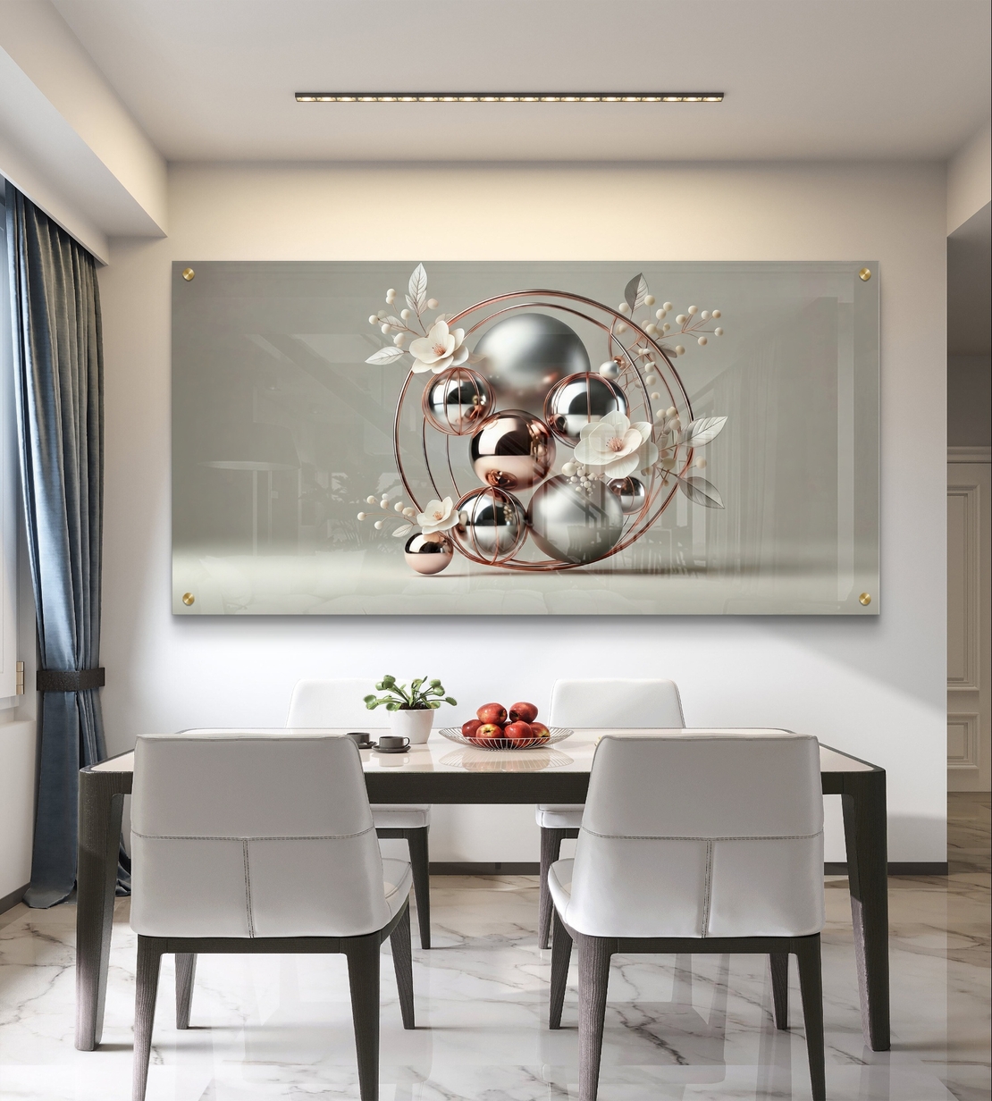 הילה מטאלית – תמונת זכוכית יוקרתית עם כדורים כסופים, טבעות רוז גולד ופרחים עדינים | PN2003