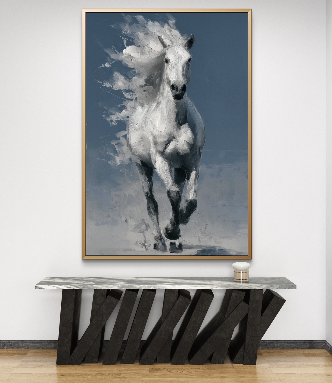 תמונת קנבס של סוס לבן דוהר על רקע כחול עמוק