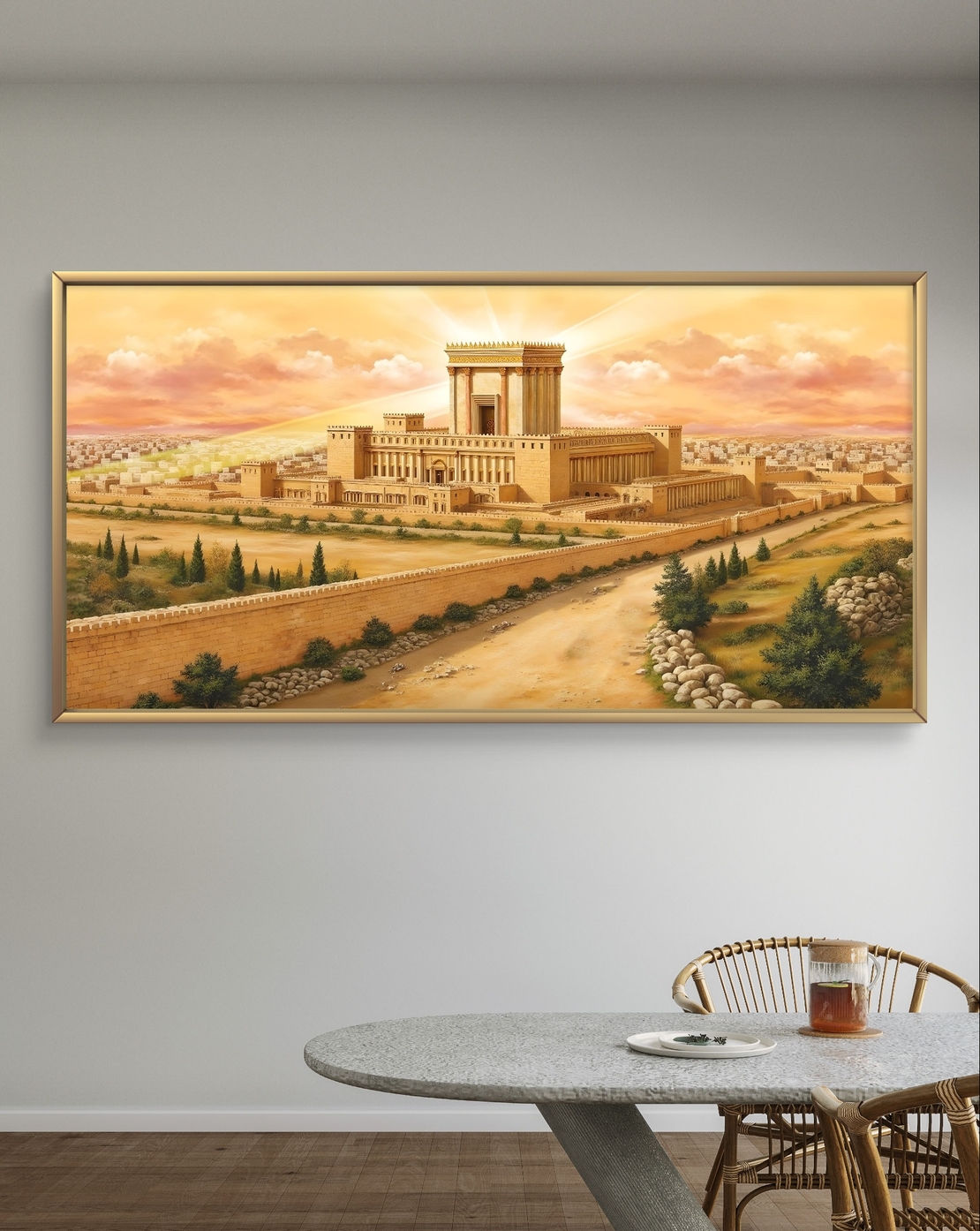 תמונת קנבס לרוחב המציגה את בית המקדש המפואר עם חומות עתיקות, עצים ירוקים ורקע שמיים בגווני ורוד-כתום.