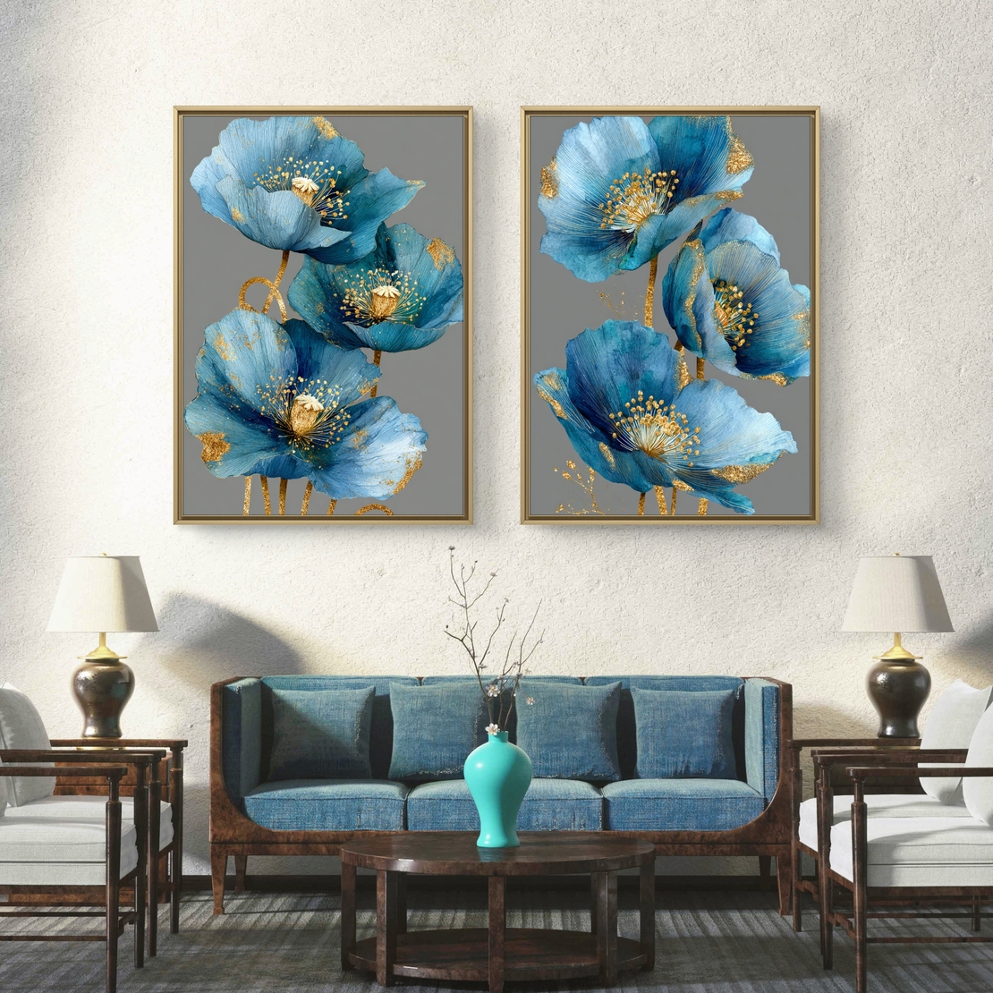 זוג תמונות קנבס פרחים כחולים עם נגיעות זהב – דגם TL8551