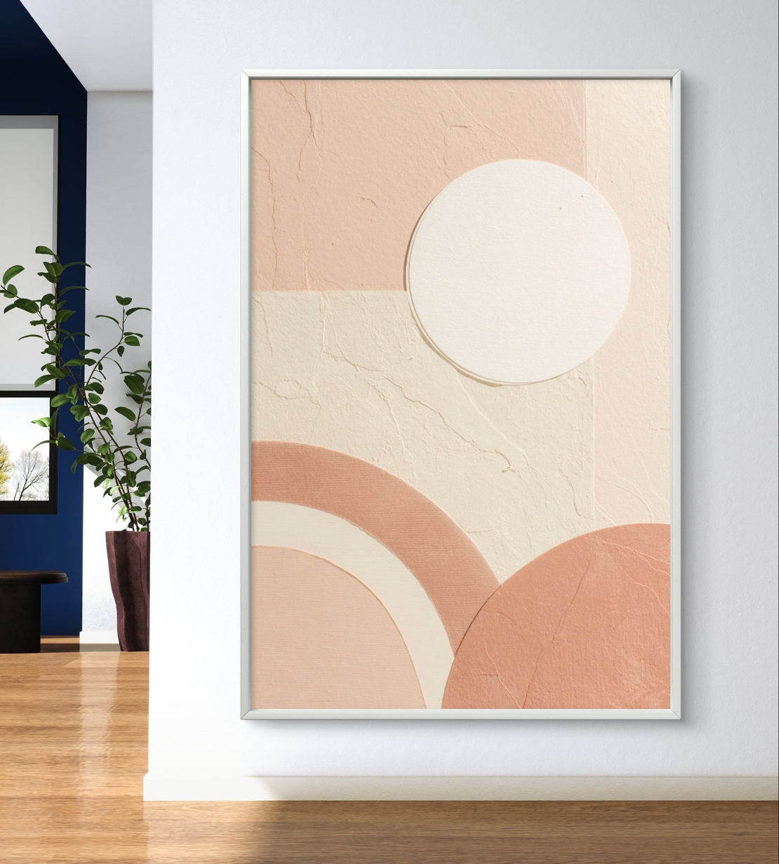 תמונת קנבס בגווני שמנת ואפרסק עם צורות גיאומטריות רכות והדפסה חלקה