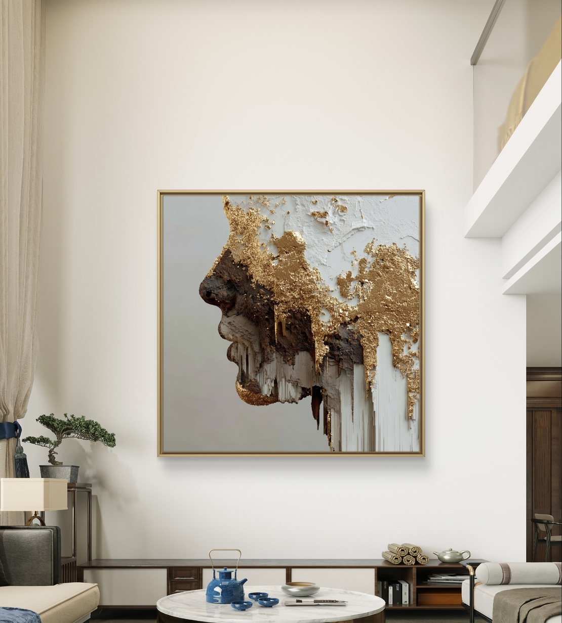 תמונת קנבס מרובעת של פרופיל נשי עם טקסטורות זהב וחום.